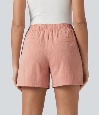 Asymmetric Mid Rise Linen-Feel Work Baggy Shorts 5'' with Pockets