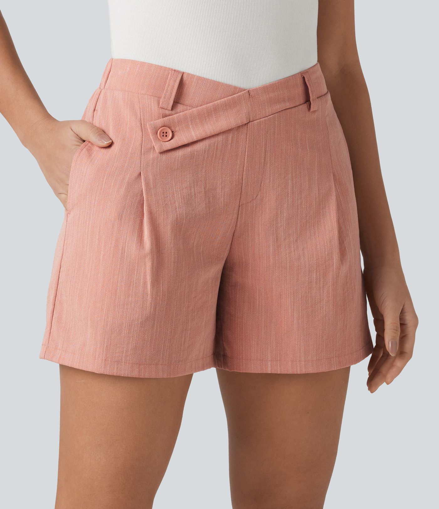 Asymmetric Mid Rise Linen-Feel Work Baggy Shorts 5'' with Pockets