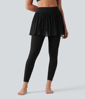 SoftlyZero™ Airy Cool Touch High Waisted Contrast Mesh 2-in-1 Yoga Skirt Leggings with Pockets-UPF50+