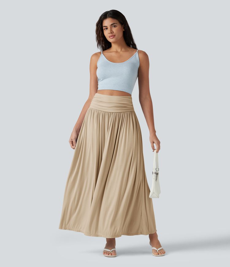 High Waisted Ruched Flowy Maxi Casual Skirt