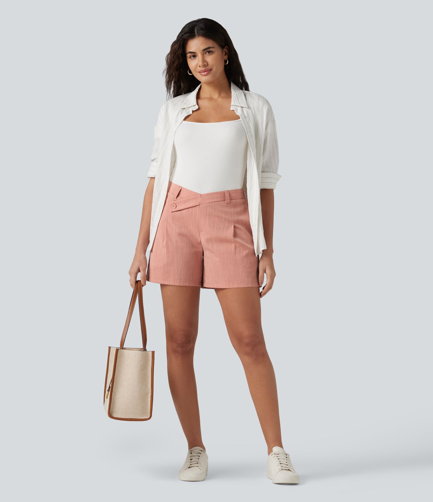 Asymmetric Mid Rise Linen-Feel Work Baggy Shorts 5'' with Pockets