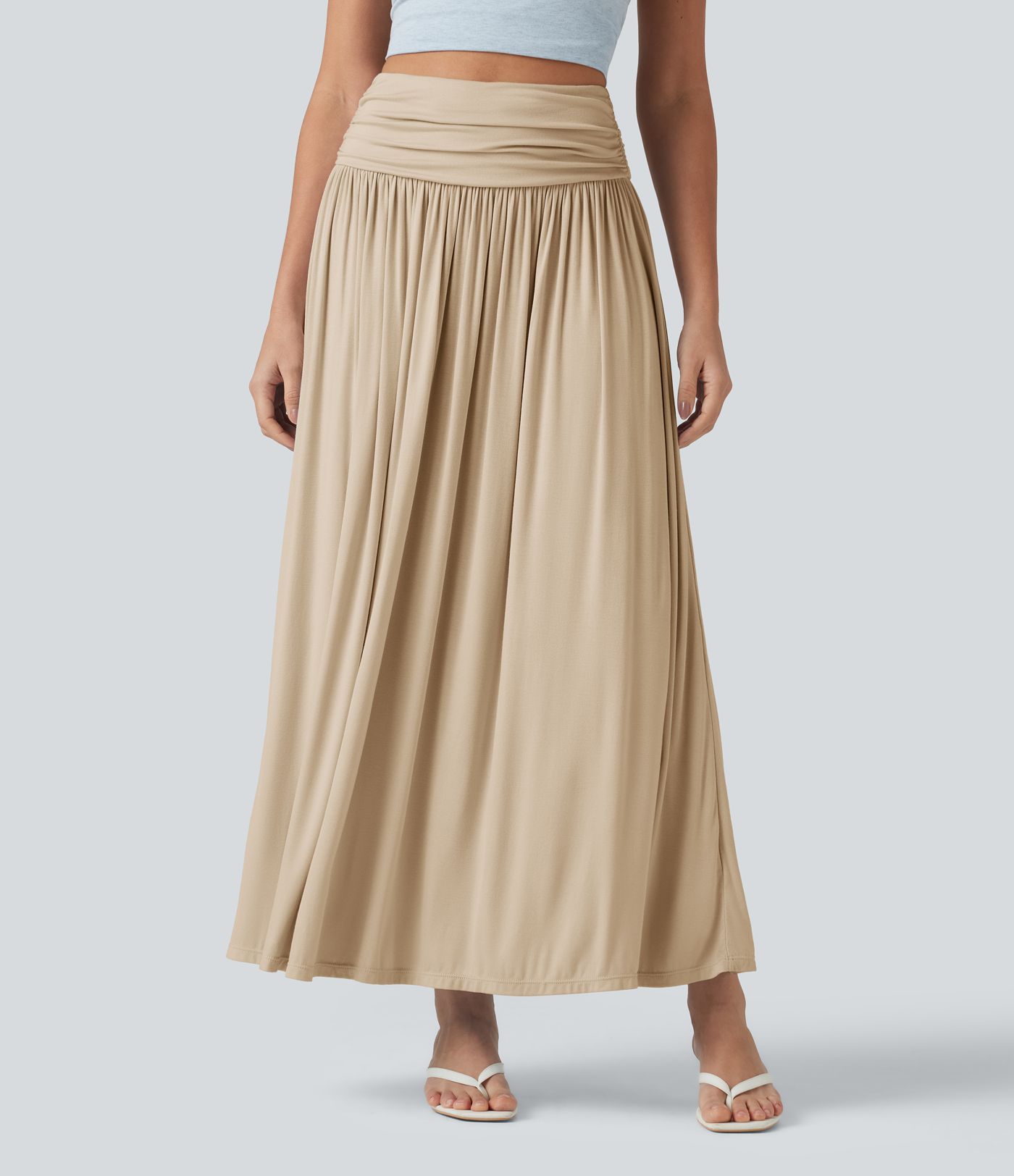High Waisted Ruched Flowy Maxi Casual Skirt