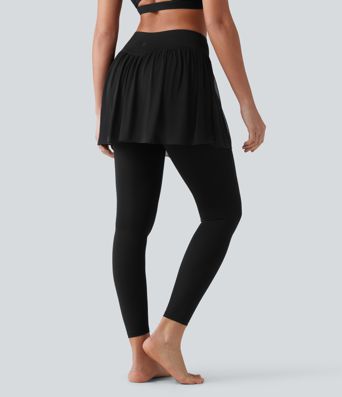 SoftlyZero™ Airy Cool Touch High Waisted Contrast Mesh 2-in-1 Yoga Skirt Leggings with Pockets-UPF50+