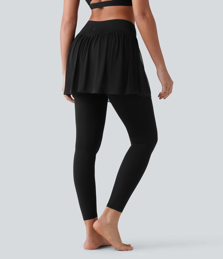 SoftlyZero™ Airy Cool Touch High Waisted Contrast Mesh 2-in-1 Yoga Skirt Leggings with Pockets-UPF50+