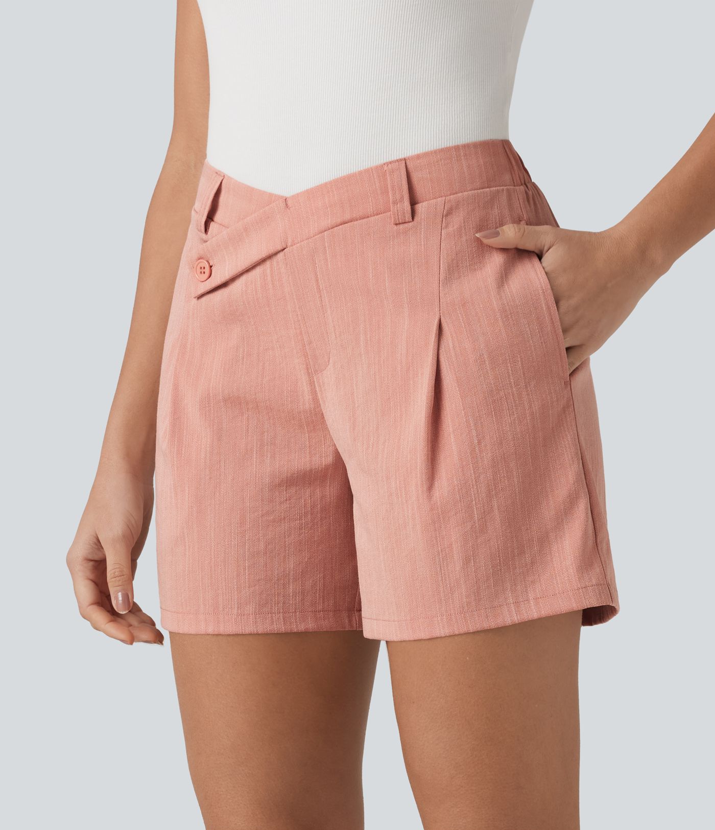 Asymmetric Mid Rise Linen-Feel Work Baggy Shorts 5'' with Pockets