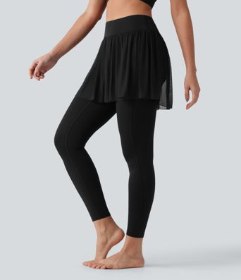 SoftlyZero™ Airy Cool Touch High Waisted Contrast Mesh 2-in-1 Yoga Skirt Leggings with Pockets-UPF50+