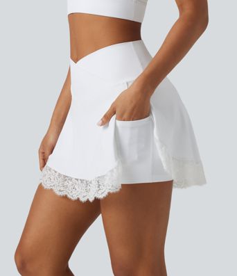 SoftlyZero™ Airy High Waisted Crossover 2-in-1 Lace Hem Cool Touch Mini Golf Skirt with Pockets-UPF50+