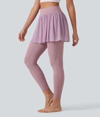 SoftlyZero™ Airy Cool Touch High Waisted Contrast Mesh 2-in-1 Yoga Skirt Leggings with Pockets-UPF50+