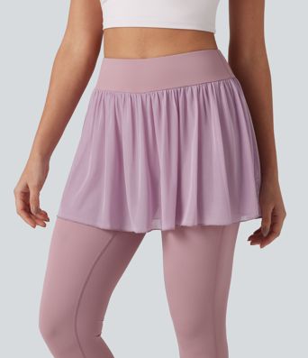 SoftlyZero™ Airy Cool Touch High Waisted Contrast Mesh 2-in-1 Yoga Skirt Leggings with Pockets-UPF50+