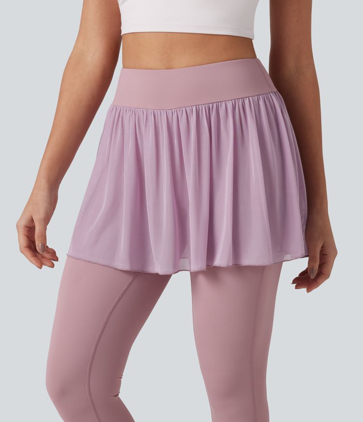 SoftlyZero™ Airy Cool Touch High Waisted Contrast Mesh 2-in-1 Yoga Skirt Leggings with Pockets-UPF50+