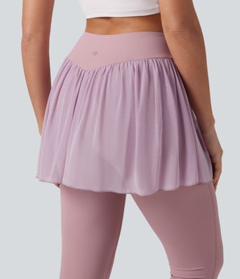 SoftlyZero™ Airy Cool Touch High Waisted Contrast Mesh 2-in-1 Yoga Skirt Leggings with Pockets-UPF50+