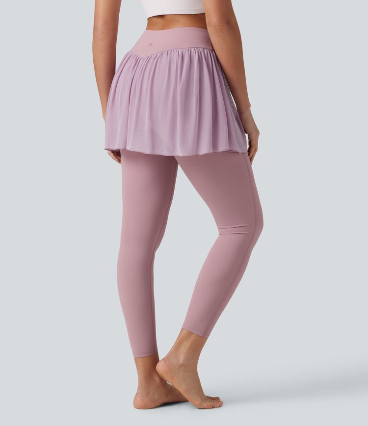 SoftlyZero™ Airy Cool Touch High Waisted Contrast Mesh 2-in-1 Yoga Skirt Leggings with Pockets-UPF50+