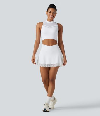 SoftlyZero™ Airy High Waisted Crossover 2-in-1 Lace Hem Cool Touch Mini Golf Skirt with Pockets-UPF50+