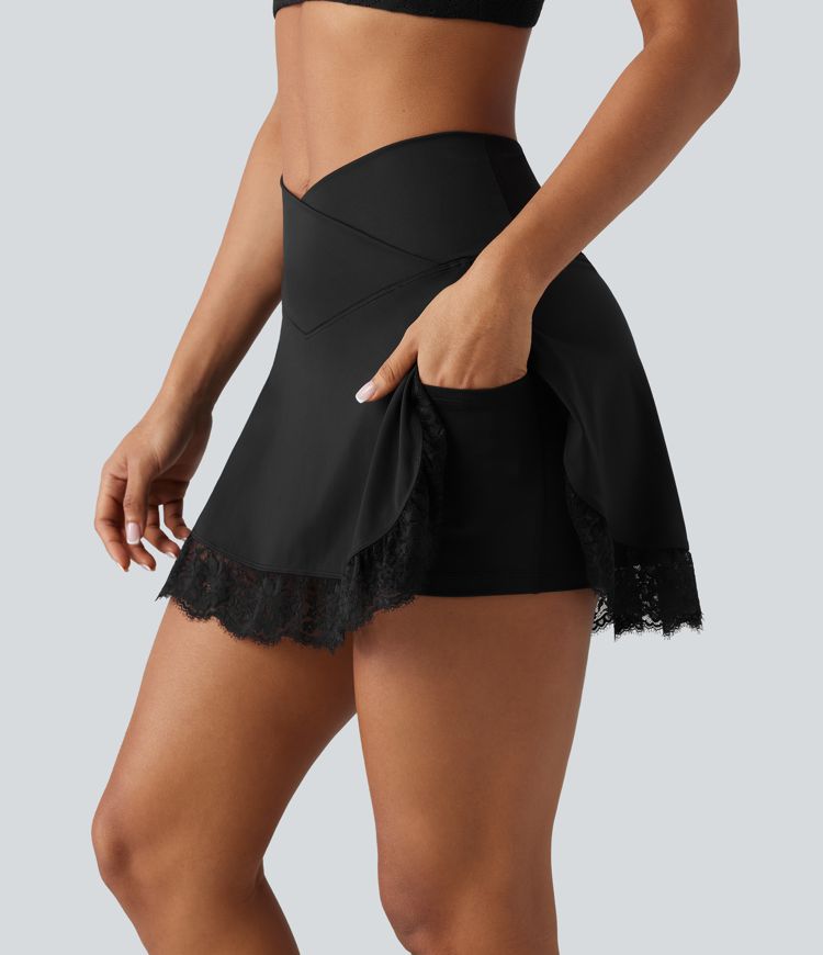 SoftlyZero™ Airy High Waisted Crossover 2-in-1 Lace Hem InstantCool Mini Golf Skirt with Pockets