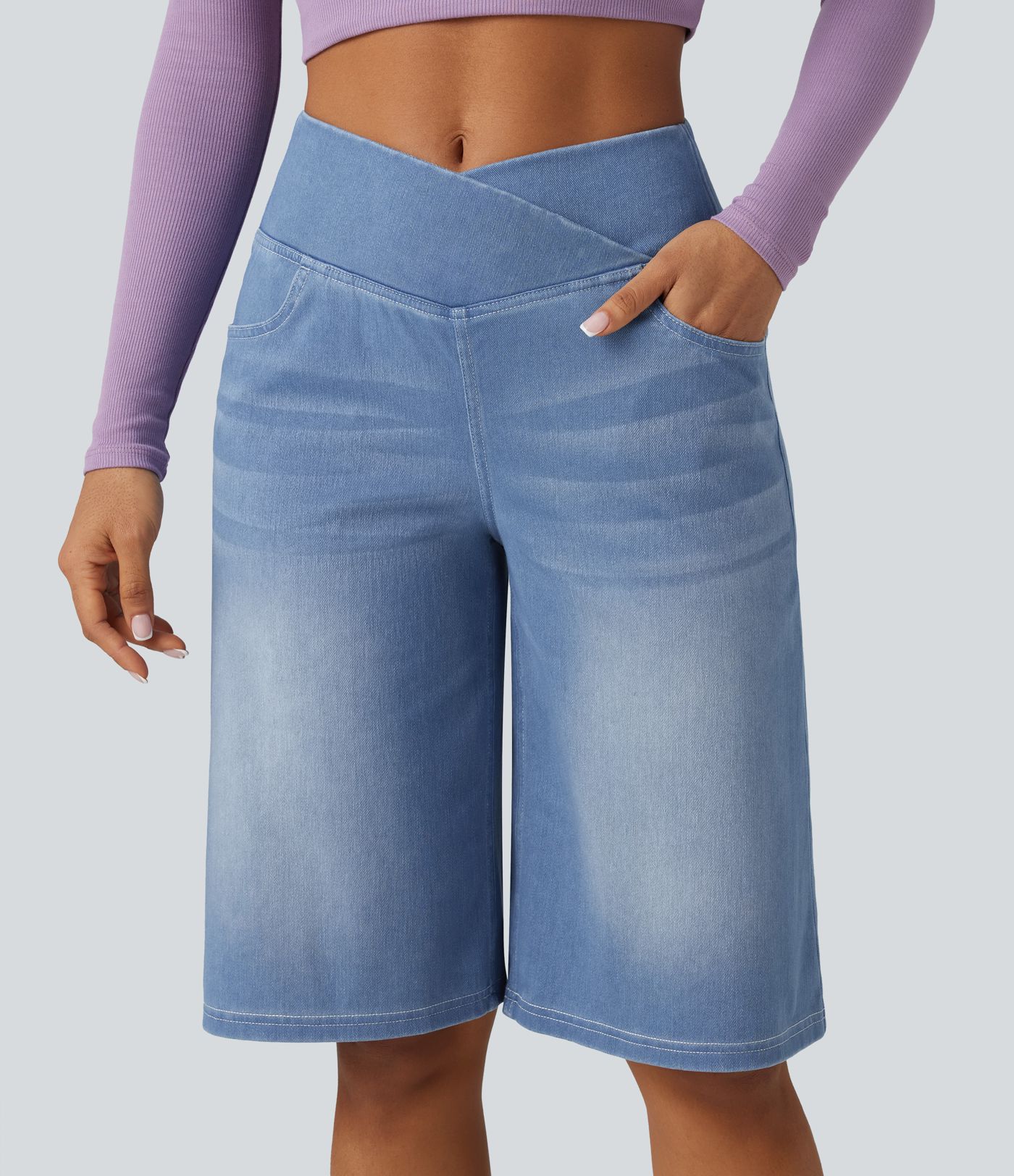 Halara Flex™ - Lässige Baggy-Denim-Shorts mit hohem Crossover-Bund und mehreren Taschen