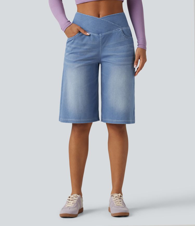Halara Flex™ - Lässige Baggy-Denim-Shorts mit hohem Crossover-Bund und mehreren Taschen