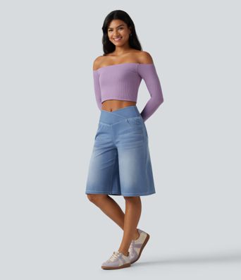 Halara Flex™ - Lässige Baggy-Denim-Shorts mit hohem Crossover-Bund und mehreren Taschen
