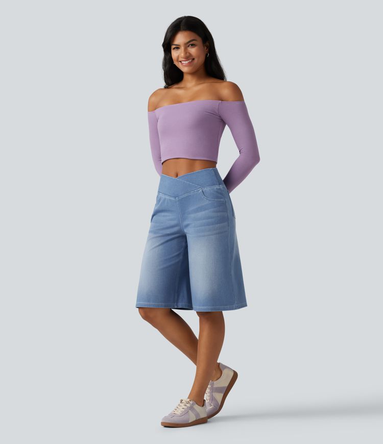 Halara Flex™ - Lässige Baggy-Denim-Shorts mit hohem Crossover-Bund und mehreren Taschen