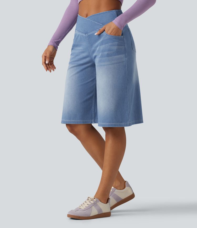Halara Flex™ - Lässige Baggy-Denim-Shorts mit hohem Crossover-Bund und mehreren Taschen