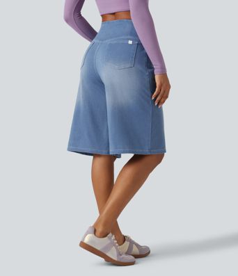 Halara Flex™ - Lässige Baggy-Denim-Shorts mit hohem Crossover-Bund und mehreren Taschen
