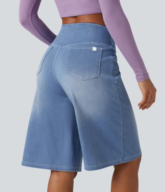 Halara Flex™ - Lässige Baggy-Denim-Shorts mit hohem Crossover-Bund und mehreren Taschen