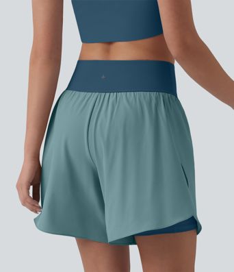 SoftlyZero™ QuickDry High Waisted Tummy Control Reflective Dots Crossover Hem 2-in-1 Running Shorts 7'' with Pockets