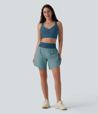 SoftlyZero™ QuickDry High Waisted Tummy Control Reflective Dots Crossover Hem 2-in-1 Running Shorts 7'' with Pockets