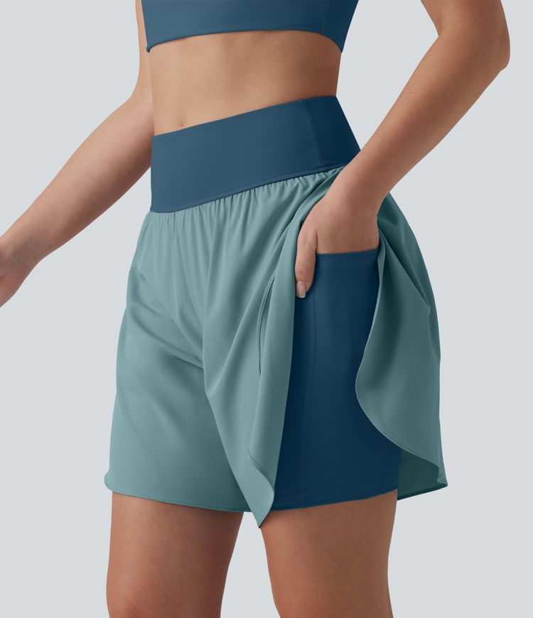 SoftlyZero™ QuickDry High Waisted Tummy Control Reflective Dots Crossover Hem 2-in-1 Running Shorts 7'' with Pockets