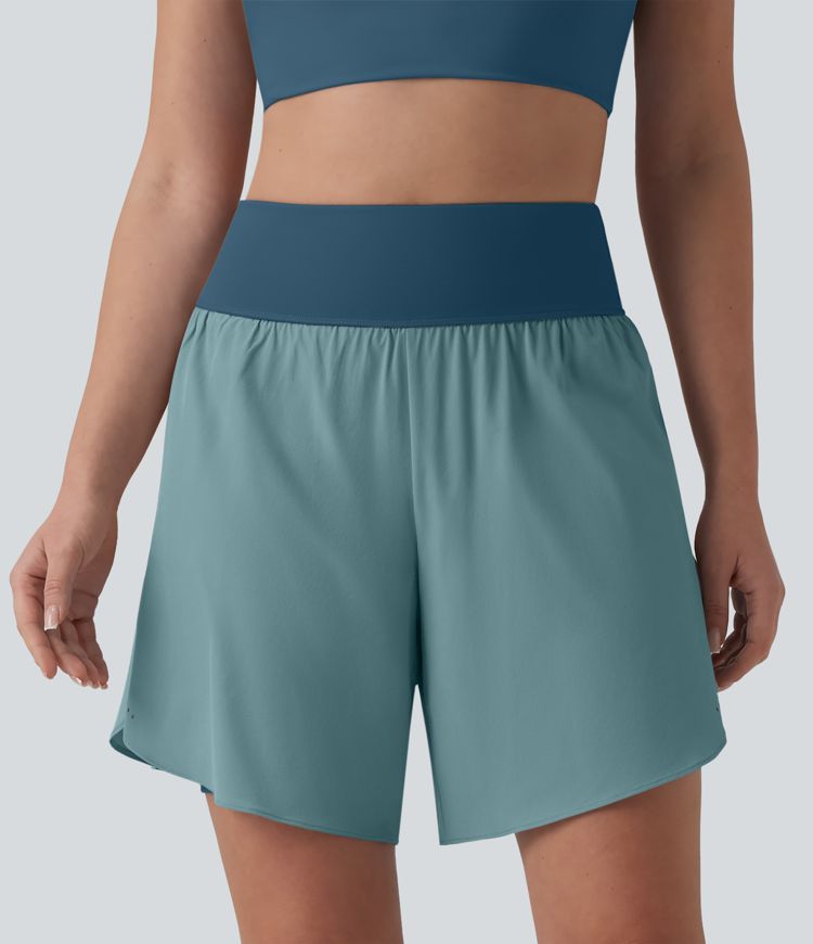 SoftlyZero™ QuickDry High Waisted Tummy Control Reflective Dots Crossover Hem 2-in-1 Running Shorts 7'' with Pockets
