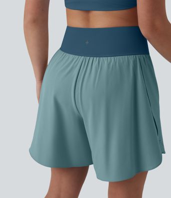 SoftlyZero™ QuickDry High Waisted Tummy Control Reflective Dots Crossover Hem 2-in-1 Running Shorts 7'' with Pockets