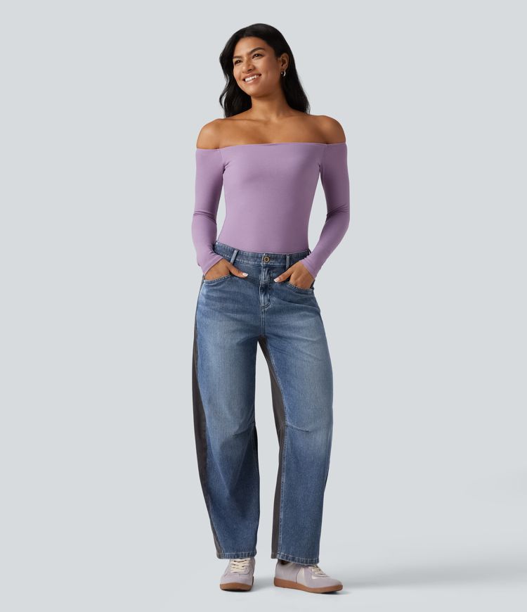 Halara Flex™ Mid Rise Barrel Leg Color Block Casual Jeans with Pockets