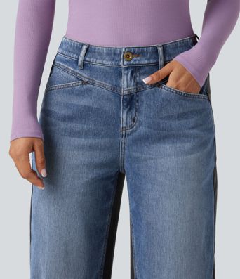 Halara Flex™ Mid Rise Barrel Leg Color Block Casual Jeans with Pockets