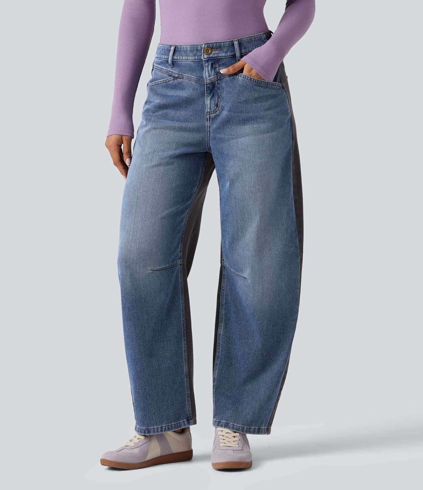Halara Flex™ Mid Rise Barrel Leg Color Block Casual Jeans with Pockets
