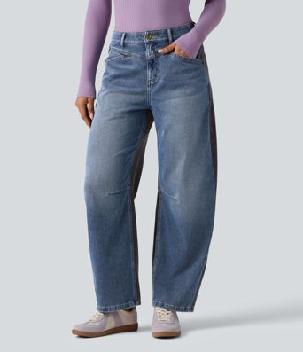 Halara Flex™ Mid Rise Barrel Leg Color Block Casual Jeans with Pockets