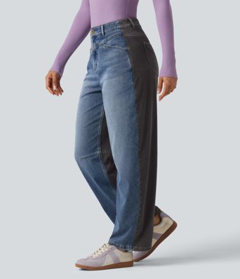 Halara Flex™ Mid Rise Barrel Leg Color Block Casual Jeans with Pockets