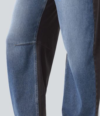 Halara Flex™ Mid Rise Barrel Leg Color Block Casual Jeans with Pockets