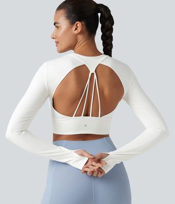 Haut de sport dos nu à manches longues avec passe-pouces, toucher frais, séchage rapide, protection UPF50+ pour le yoga