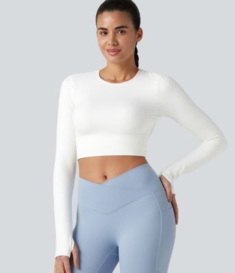 Haut de sport dos nu à manches longues avec passe-pouces, toucher frais, séchage rapide, protection UPF50+ pour le yoga