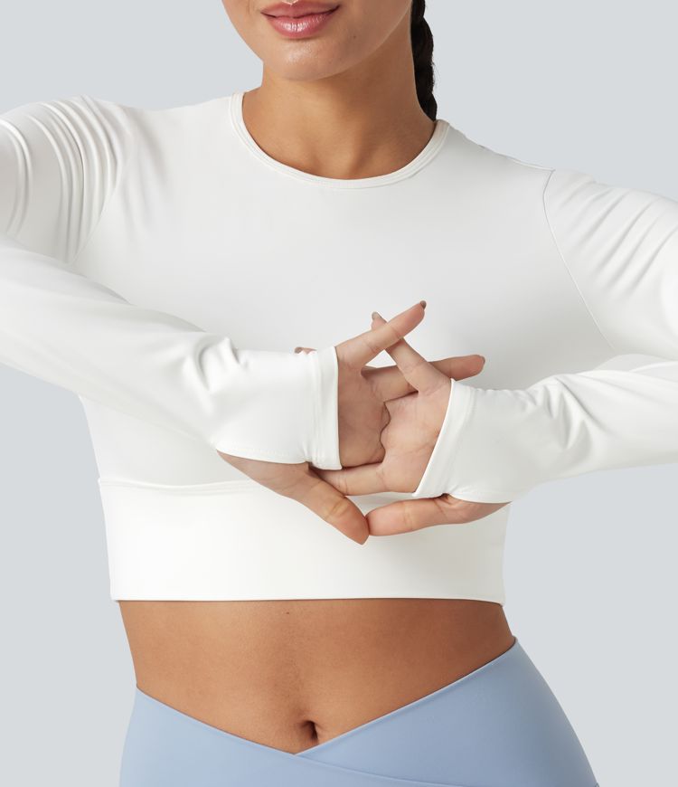 Haut de sport dos nu à manches longues avec passe-pouces, toucher frais, séchage rapide, protection UPF50+ pour le yoga
