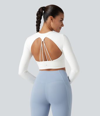 Haut de sport dos nu à manches longues avec passe-pouces, toucher frais, séchage rapide, protection UPF50+ pour le yoga