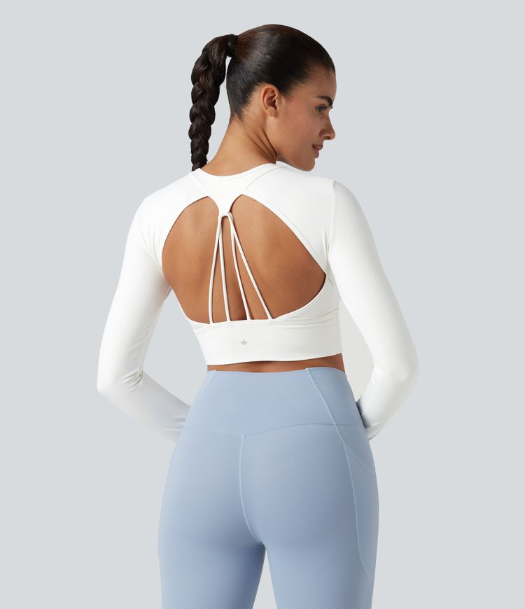 Haut de sport dos nu à manches longues avec passe-pouces, toucher frais, séchage rapide, protection UPF50+ pour le yoga