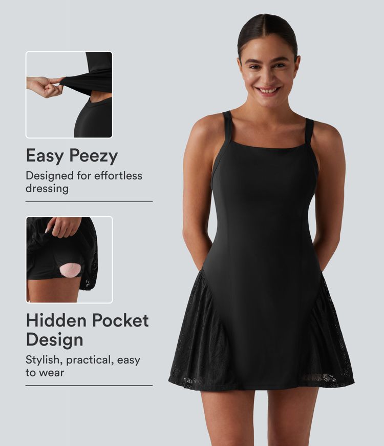 SoftlyZero™ Airy Crisscross Back Contrast Lace Built-in Bra Cool Touch Tennis Active Dress with Pockets-Easy Peezy-UPF50+