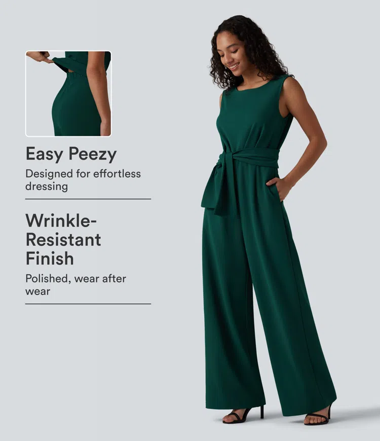 Wrinkle Recovery Boat Neck Sleeveless Tie-side Work Jumpsuit with Pockets-Easy Peezy