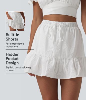 High Waisted Drawstring 2-in-1 Ruffle Hem Embroidery Resort A-line Skirt with Pocket