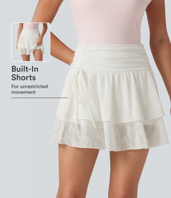 High Waisted Drawstring 2-in-1 Casual Tiered Lace Skirt