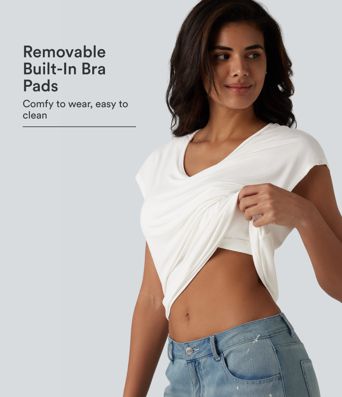 V Neck Short Sleeve Built-in Bra Casual T-Shirt B-DD Cups