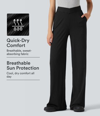 V Shaped High Waisted Stripe Quick Dry Flare Casual Pants with Pockets-UPF40+
