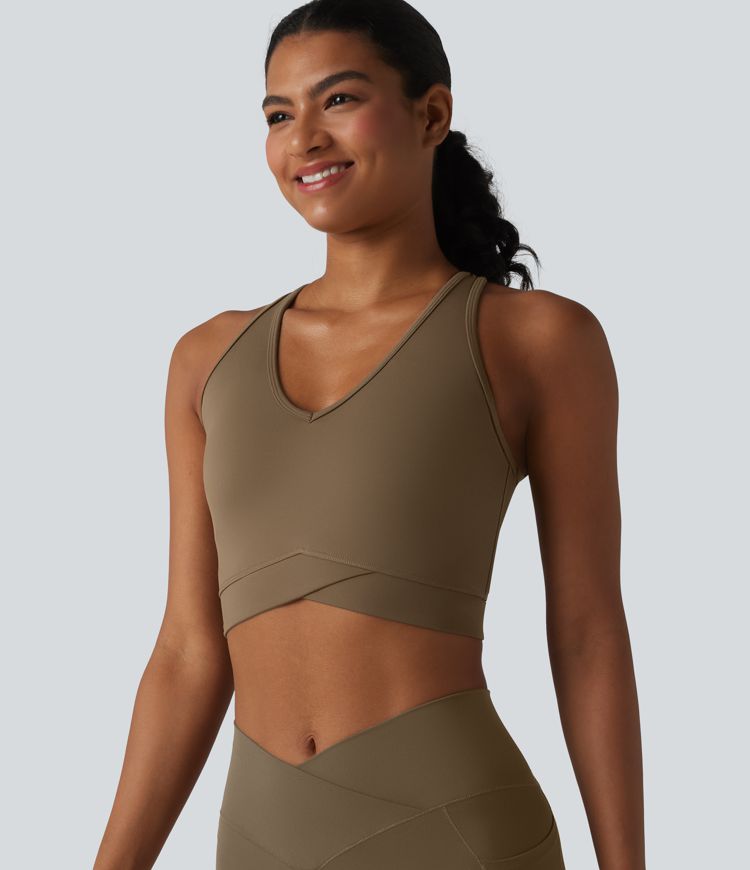 Softlyzero™ Airy - Verkürztes Yoga-Tanktop mit V-Ausschnitt, Racerback, integriertem BH, Cool-Touch und überkreuztem Saum - UPF50+