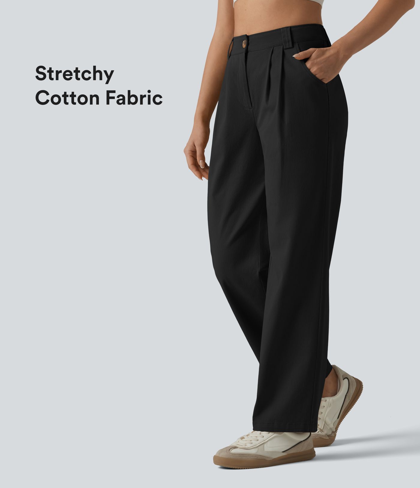 Lässige, plissierte Chino-Hose aus Baumwolle mit hohem Bund, Seitentaschen und geradem Bund Lässige, plissierte Chino-Hose aus Baumwolle mit hohem Bund, Seitentaschen und geradem Bund