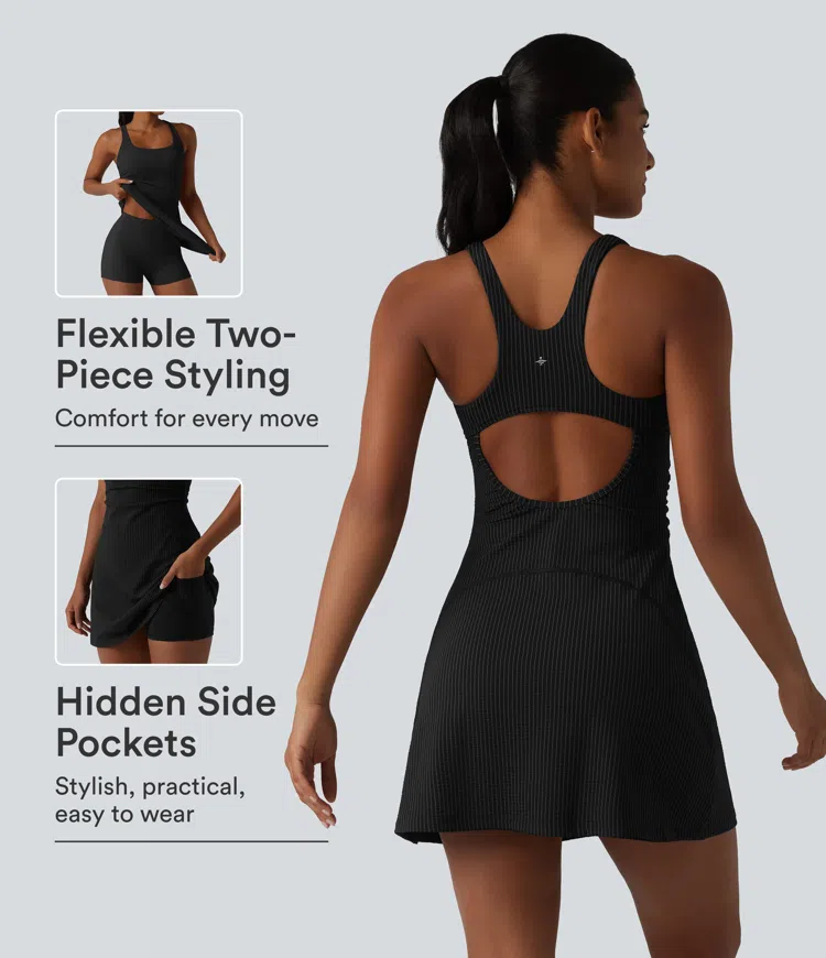 U Neck Built-in Bra 2-Piece Stripe Quick Dry Mini Tennis Active Dress with Pockets-UPF40+